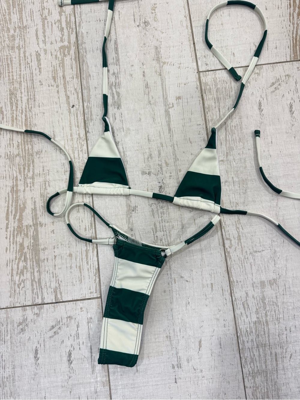 Striped Green & White Thong Bikini Set -XS